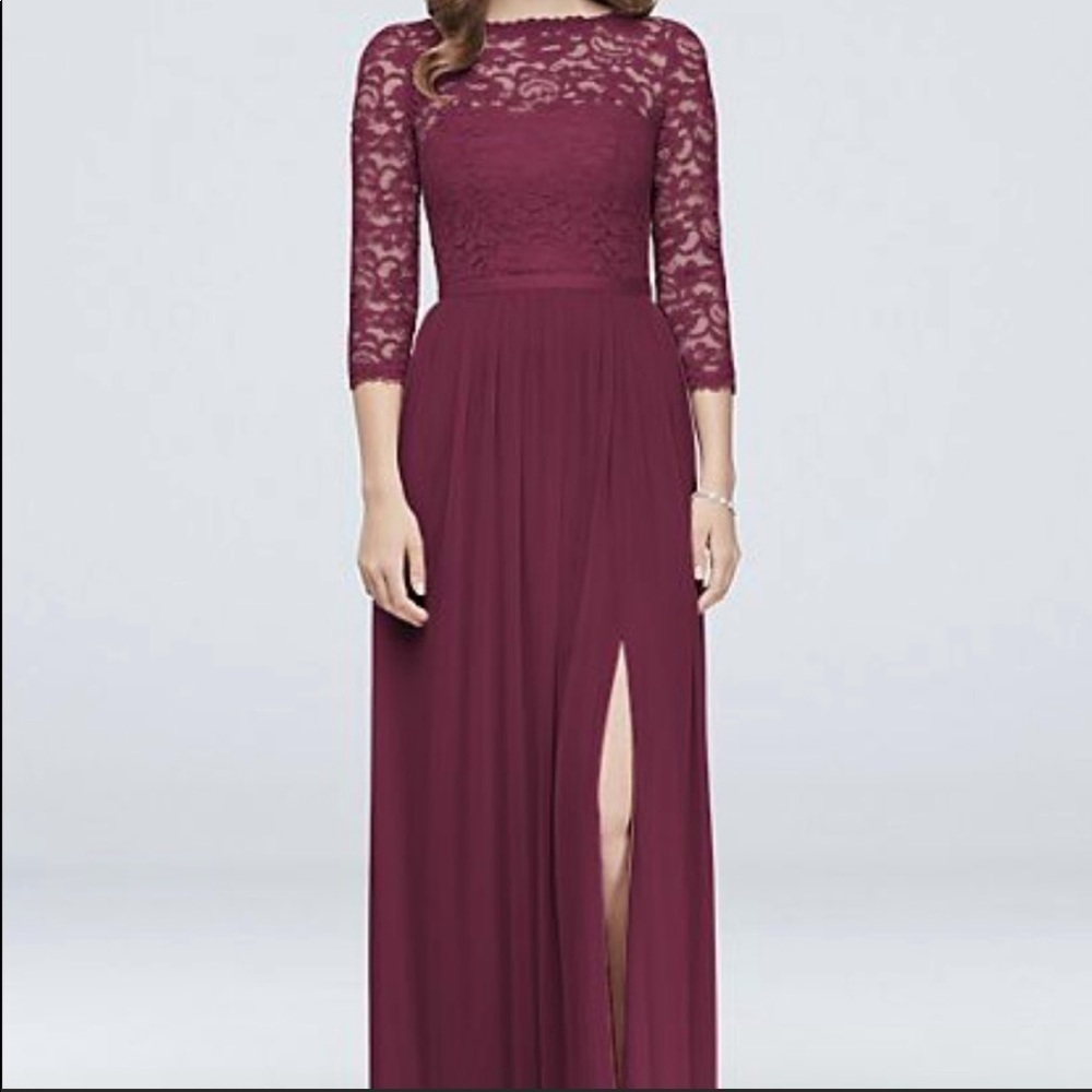 David’s Bridal Maxi Dress Wine Lace Bust 3/4 Length Sleeves Size 4
